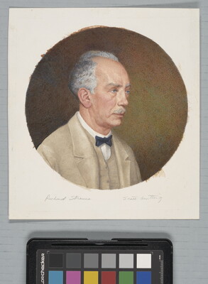 A circular watercolor portrait of a White man in profile with receding gray hair, a mustache, wearing a tan sport coat, vest, and bow tie.