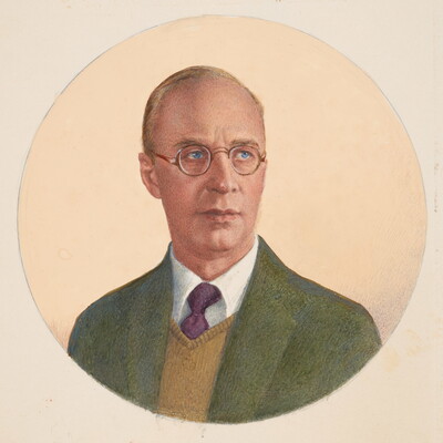 A circular watercolor portrait of a balding White man in wire-rimmed glasses with piercing blue eyes, wearing a green sport coat over a gold sweater and red tie.