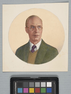 A circular watercolor portrait of a balding White man in wire-rimmed glasses with piercing blue eyes, wearing a green sport coat over a gold sweater and red tie.