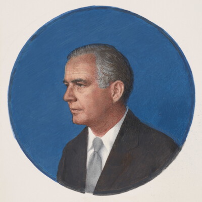 A circular watercolor portrait of a White man in profile with dark gray hair wearing a black suit jacket and silver tie.