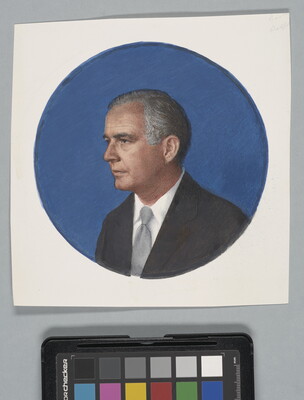 A circular watercolor portrait of a White man in profile with dark gray hair wearing a black suit jacket and silver tie.
