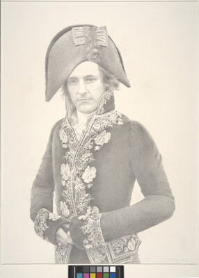 A pencil drawing of a White man dressed in a colonial military frock and a tall tricorn hat.