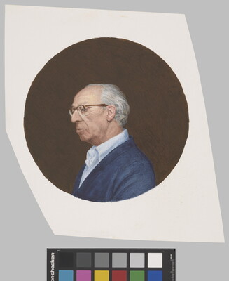 A round watercolor portrait of an older, balding White man in profile with white hair, glasses, and blue sweater.