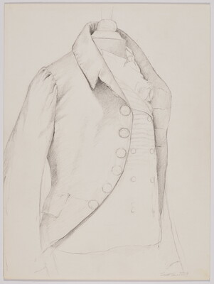 A black-and-white drawing of a historical jacket over a vest set on a mannequin.