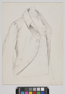 A black-and-white drawing of a historical jacket over a vest set on a mannequin.