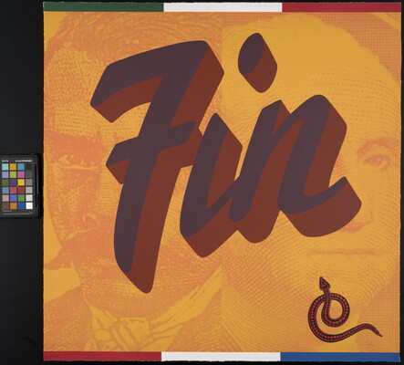 A color print of the word "Fin" written in cursive over faint images of two faces on an orange background; a red and black snake in the lower right corner.