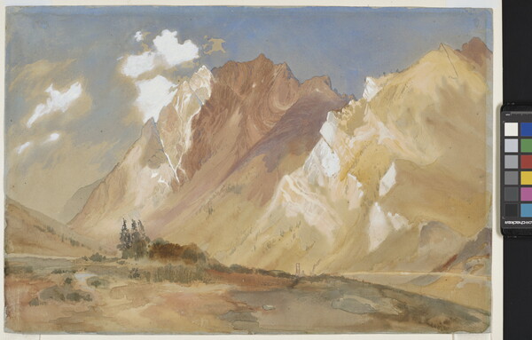 A watercolor of large, craggy mountains.