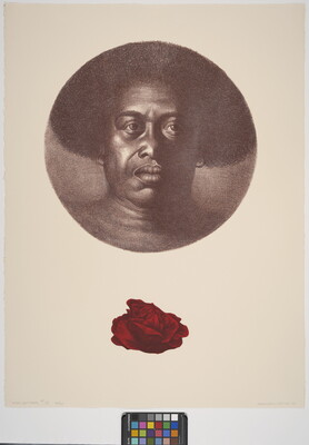 A black-and-white print portrait of a Black person framed by a circle, a red rose below.