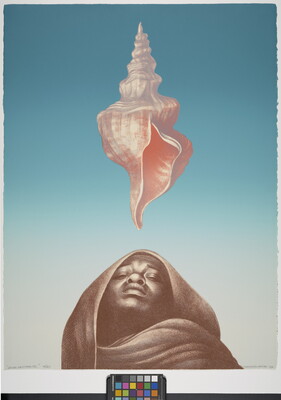 A color print of the bust of a Black adult wrapped in a shawl with a pink seashell floating above them against a mostly blue background.