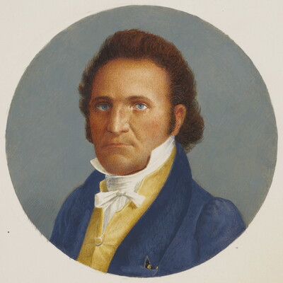 A round watercolor portrait of a White man with brown hair, blue eyes, wearing a blue jacket, yellow vest, and white shirt with a stiff, high collar.