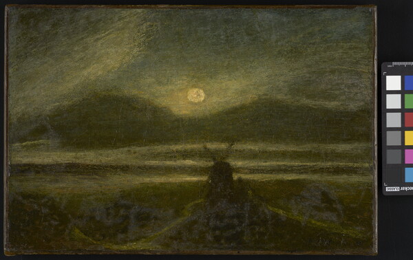 A dark oil painting of the silhouette of a windmill against a dark night lit by a hazy moon.