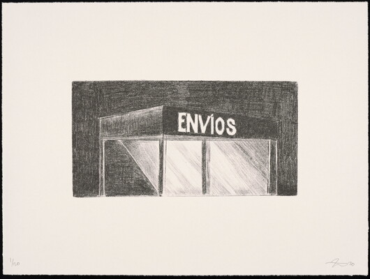 A black-and-white print of an illuminated building at night, with "Envíos" written across the top of the structure.