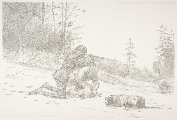 A black-and-white drawing of two hunters and their dog kneeling in the snow as one hunter takes aim at an animal in the distance.