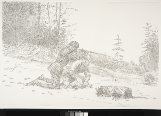 A black-and-white drawing of two hunters and their dog kneeling in the snow as one hunter takes aim at an animal in the distance.