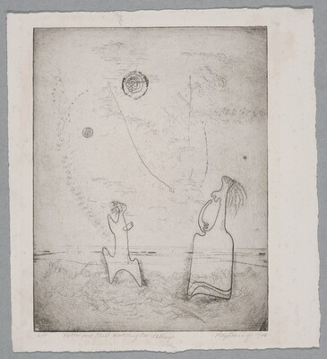 An abstract black-and-white print of two figures looking toward circular objects in the sky.