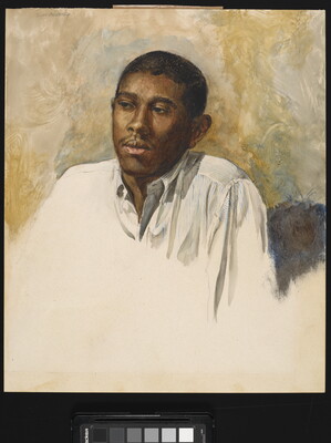 A watercolor portrait of a Black man in a white shirt against a beige wall.