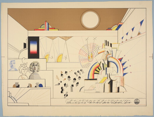 An abstract color print of a juke box playing music on the right and three seated figures on the left with red, blue, yellow, and black highlights.