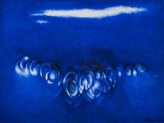 A painting in vibrant blue with white and blue circles gathered in the center, almost like bubbles, under a white cloud.