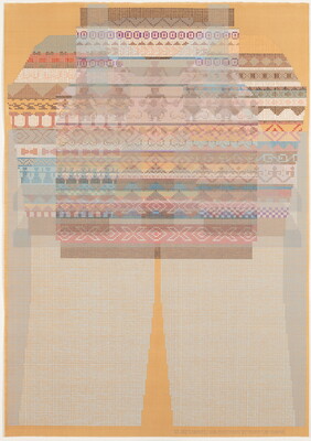 A brightly-colored drawing of geometric patterns, similar to woven designs, on a sort of rectangle shape.