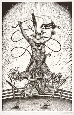 A black-and-white print of a front view of a cowboy riding a vacuum with a bull's head, one arm raised holding a lasso, in a corral.