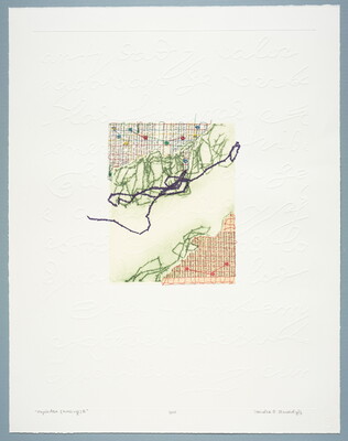An abstract print with stitching in red, green, and black over newspaper clippings in English and Spanish with embossed handwriting along the border.