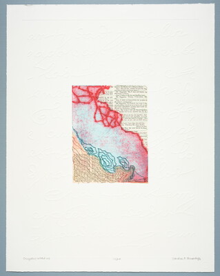 An abstract print with stitching in red, blue, and black over newspaper clippings in English and Spanish with embossed handwriting along the border.
