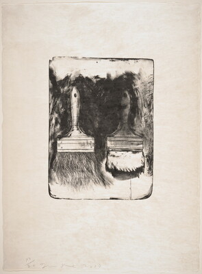 A black-and-white print of two wide, wall paintbrushes standing up next to each other in a sketch-like style.