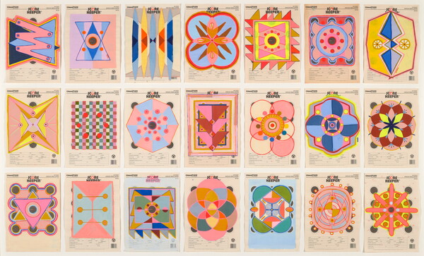 A series of colorful geometric designs, arranged in three rows of seven, painted on paper targets used at shooting ranges.