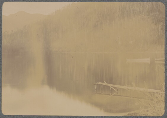 A sepia-toned photograph, it looks like it might be over-exposed, of a dock extending into lake surrounded by trees.