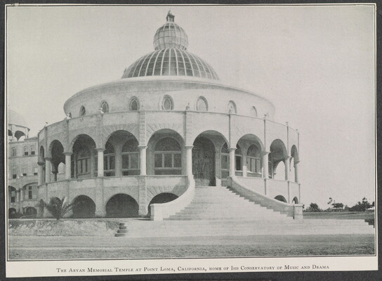 A black-and-white photograph of a circular building adorned with arches, windows, and a dome.