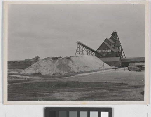 A black-and-white photograph of large pile of salt in front of a multi-story industrial building with a sign that reads "Crystal Salt Co."