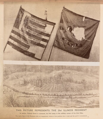 Two sepia-toned photographs: on the top, two tattered flags, on the bottom, a bird's eye view of soldiers marching past a cemetery.