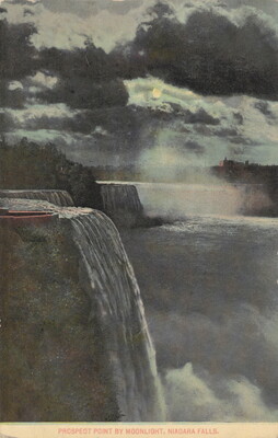 A color postcard print of large waterfalls feeding into a large body of misty water under a cloudy, moonlit sky.