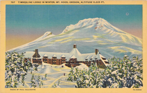 A color postcard photograph of a lodge at the foot of a snow-covered mountain; snow-covered pine trees and ski runs in the foreground.