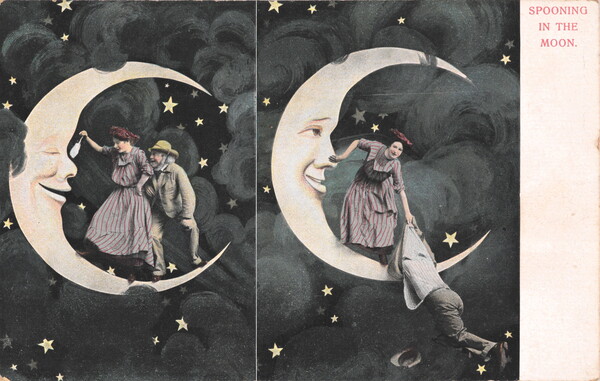 A color postcard print of two side-by-side photographs of a White man and woman standing on a crescent moon: on the left, the woman tickles the moon's nose with a feather duster; on the right, the woman holds the moon's nose as she grabs the man's jacket to keep him from falling.