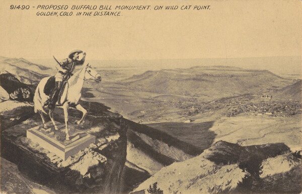 A sepia-toned postcard of an illustration of a sculpture of a man on a running white horse overlooking a mountain valley.