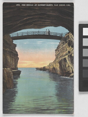 A color postcard of a bridge spanning between cliffs over water as the sun sets in the background.