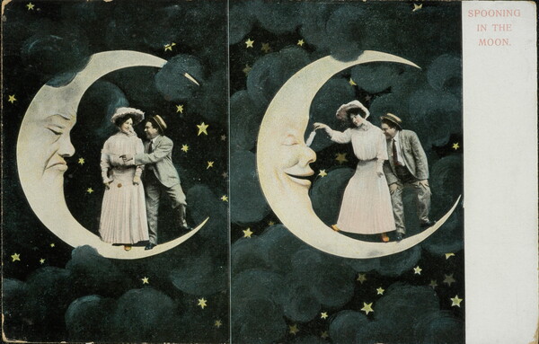 A color photograph postcard with two images: on the left, a White woman and man stand inside a frowning crescent moon; on the right, the woman tickles the smiling moon with a feather.