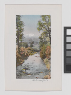 A color photograph of a river disappearing into the distance, trees in autumn colors on the banks, and snowy mountains in the distance.