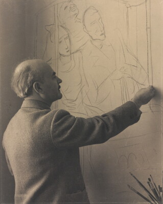 A black-and-white photograph of an older White man sketching people on what looks like a wall.