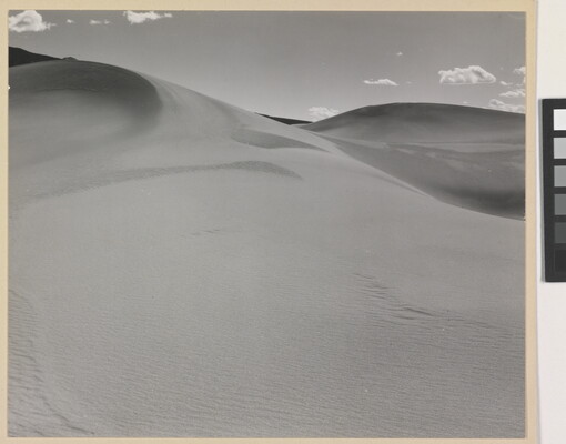 A black-and-white photograph of a rippling sand dune rising up into a sky dotted with a few small clouds.