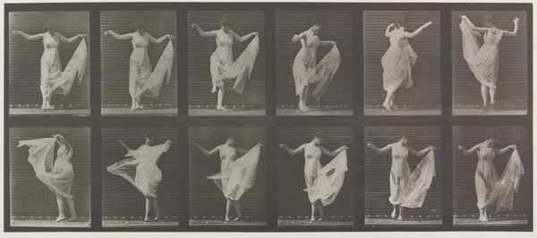 A black-and-white series of photographs showing 12 images of a White woman in various stages of spinning in a white, flowy dress.