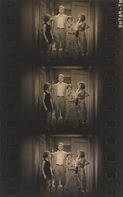 A sepia-toned film reel of three identical photographs of a White man wearing glasses posing with three White women.