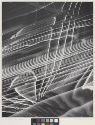 A black-and-white photograph of abstract white lines radiating horizontally, layered on top of a rippled background.