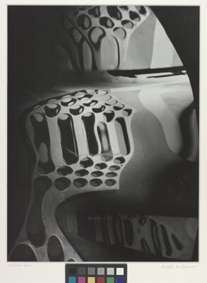 A black-and-white photograph of circular shapes distorted by a wavy mirror.