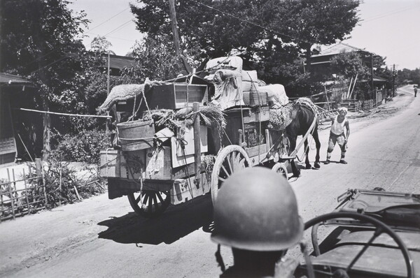 A black-and-white photograph of an Asian man leading a heavily loaded horse-drawn wagon down a street as a helmeted soldier watches from a jeep.