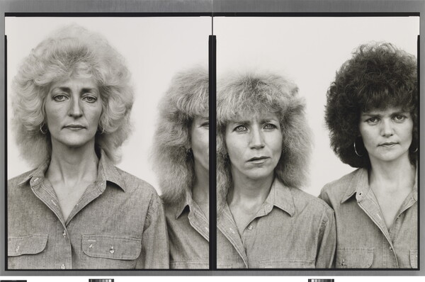 Two side-by-side black-and-white portrait photographs of three White women, two with teased blonde hair and one with teased dark hair, the woman in the center broken by the photograph division.