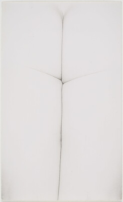 An abstract, close-up, black-and-white photograph of a White person's buttocks and the back of their legs pressed tightly together.