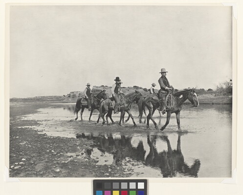 A black-and-white photograph of multiple cowboys walking through a riverbed on horseback.