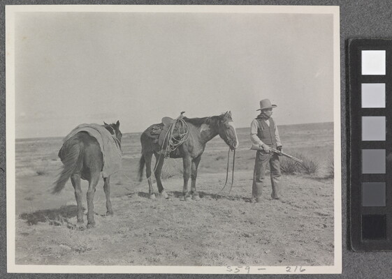 A black-and-white photograph of two saddled horses and a man, holding a rifle, standing on a grassy plain.